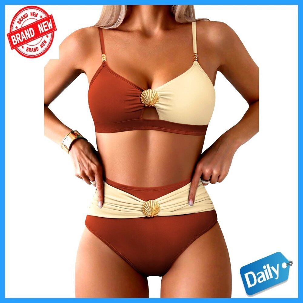 Women's 2 Piece Bikini Set High Waist Tummy Control Swimsuit Seashell Cutout